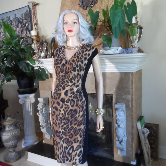 Escada Black & Brown Leopard Print Ruched Surplice Sheath Dress Size EU 38- US 8 - Picture 2 of 16